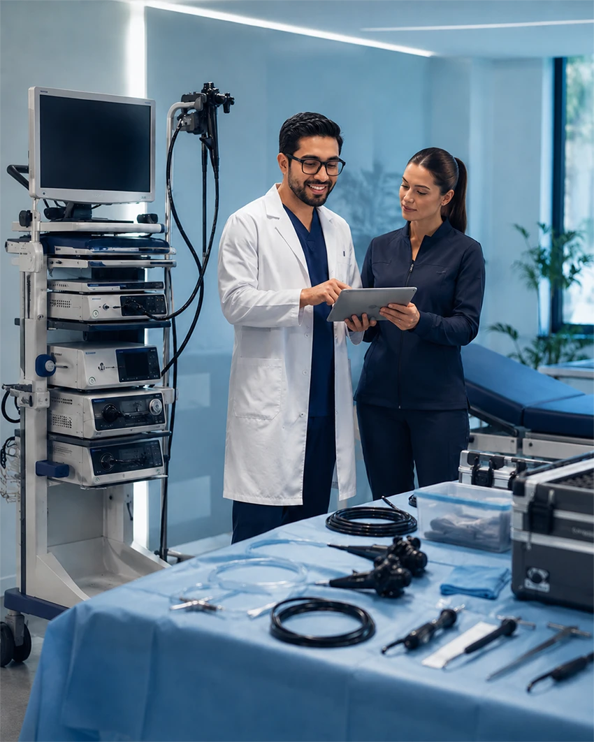 Personal médico con torre y equipo de endoscopia disponible para renta en ENDOPRO Puebla